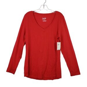 Aveto Womens Plus Size 1X Long Sleeve V Neck T Shirt Top True Red Cotton Blend